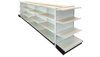 DOUBLE SIDE GONDOLA 12'L, 54"H WITH 16" BASE AND 3 -16" SHELVES ON EACH SIDE, WITH 2 END GONDOLAS 36" WIDE WITH 3 SHELVES-16" PEGBOARD BACK IN LIGHT BEIGE FINISH