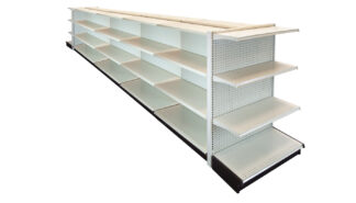 DOUBLE SIDE GONDOLA 16'L, 54"H WITH 16" BASE AND 3 -16" SHELVES ON EACH SIDE, WITH 2 END GONDOLAS 36" WIDE WITH 3 SHELVES-16" PEGBOARD BACK IN LIGHT BEIGE FINISH