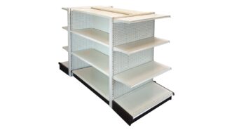 DOUBLE SIDE GONDOLA 4'L, 54"H WITH 16" BASE AND 3 -16" SHELVES ON EACH SIDE, WITH 2 END GONDOLAS 36" WIDE WITH 3 SHELVES-16" PEGBOARD BACK IN LIGHT BEIGE FINISH