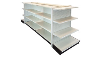 DOUBLE SIDE GONDOLA 8'L, 54"H WITH 16" BASE AND 3 -16" SHELVES ON EACH SIDE, WITH 2 END GONDOLAS 36" WIDE WITH 3 SHELVES-16" PEGBOARD BACK IN LIGHT BEIGE FINISH