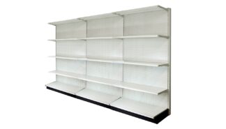 WALL SECTION 12'L, 84"H WITH 16" BASE AND 4 -16" SHELVES PER SECTION, PEGBOARD BACK IN LIGHT BEIGE FINISH