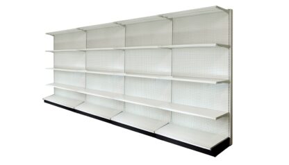 WALL SECTION 16'L, 84"H WITH 16" BASE AND 4 -16" SHELVES PER SECTION, PEGBOARD BACK IN LIGHT BEIGE FINISH