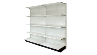 WALL SECTION 8'L, 84"H WITH 16" BASE AND 4 -16" SHELVES PER SECTION, PEGBOARD BACK IN LIGHT BEIGE FINISH